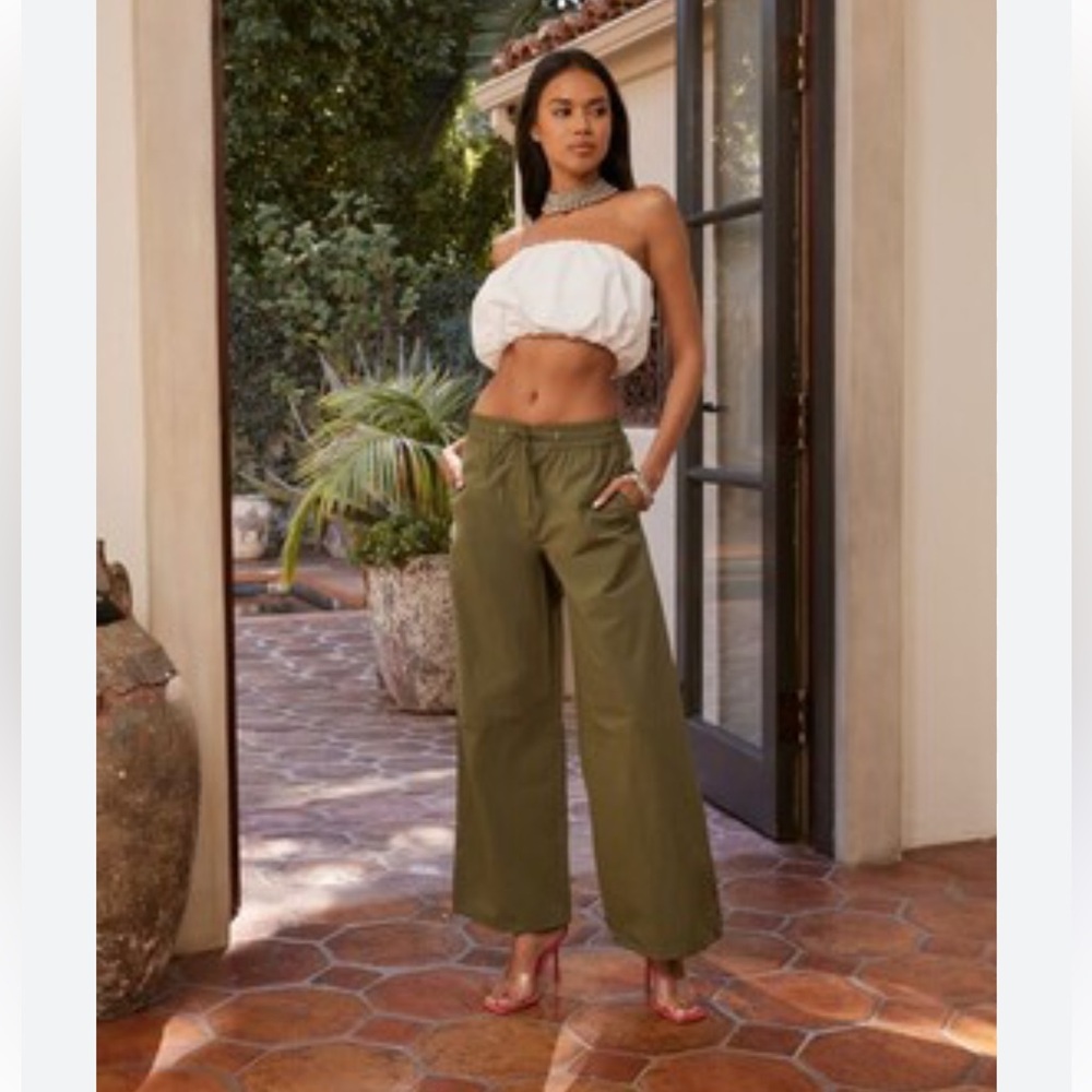 Cotton High Rise Wide Leg Pants - Olive
